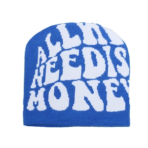 Detailed knit texture and jacquard lettering on this winter Y2K style blue beanie hat