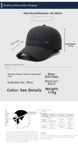 Size chart for men's winter wool baseball cap with head circumference measuring guide