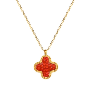 Titanium steel necklace with gold-plated chain and red clover-shaped pendant charm