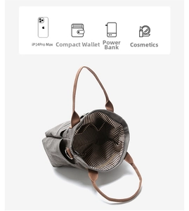 Detailansicht der grauen Canvas-Tragetasche mit Innenfächern für Smartphone und Zubehör