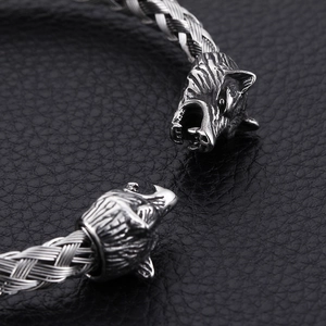 Viking wolf head woven stainless steel open cuff bracelet in vintage silver finish