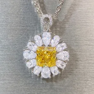 925 Sterling Silver Sunflower Pendant Necklace Zirconia Radiant Cut Yellow Green Pink Stone Luxury Wedding Jewelry For Women
