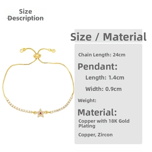 Detail of star pendant bracelet with white zircon pave and red stone on adjustable chain
