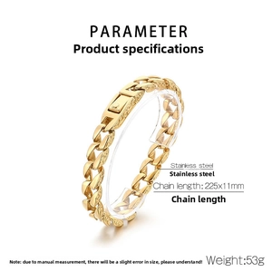 Detail view of 11mm gold Cuban link bracelet with floral engraving and size specs