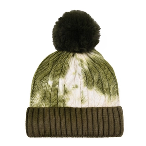 Close-up of olive green tie-dye knit beanie featuring a fluffy faux fur pom-pom topper