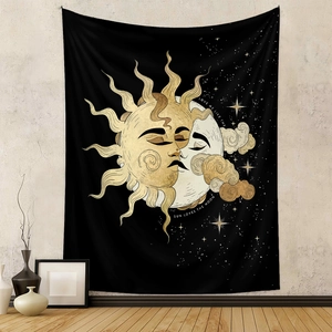 Detail of sun and moon tapestry with gold embroidery and celestial poem text