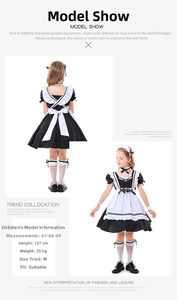 Front and back detail of a black and white maid costume with apron and lace hairband