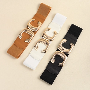 Elegant wide elastic waist belt for women with golden double-C metal buckle in three colors