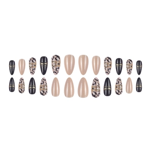 Almond shaped leopard print press-on nails with black and gold foil accents