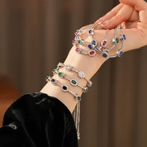 Adjustable zircon oval bracelet set featuring colorful stones in silver plating