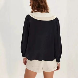 French style black chiffon blouse with white sailor collar and elegant long sleeves