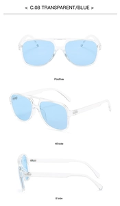 Three-view layout of double-bridge aviator sunglasses with transparent frames and blue lenses