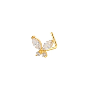 Elegant gold L-shaped nose stud with clear zircon stones in a butterfly design