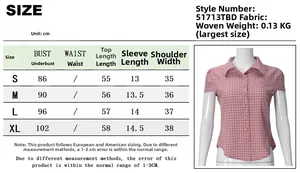 Detailed size chart for women's plaid short sleeve shirt with measurements in centimeters