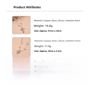 Detailed specs for zircon pearl cross necklaces with dimensions and materials shown
