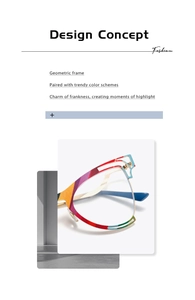 Macro detail of geometric butterfly eyeglass frames with vibrant color-block metal design