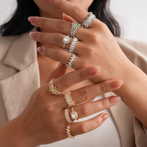 Luxury Alloy Rhinestone Open Rings For Women Gold Silver Geometric Floral Square Round Adjustable Fashion Jewelry Finger Rings