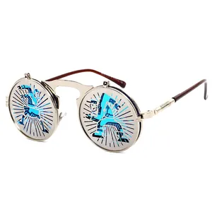 Retro steampunk round flip-up sunglasses with silver metal frame and blue cartoon lenses