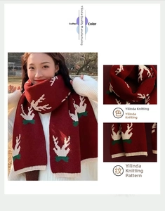 Detail view of red knitted Christmas scarf with white elk patterns and soft texture