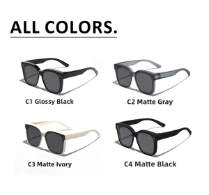 Selection of retro square polarized sunglasses in black, grey, and matte cream colors
