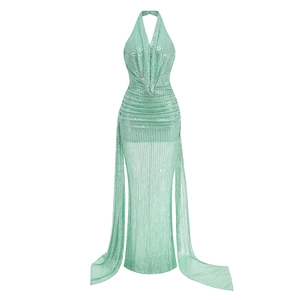 Detail of mint green sequin evening gown showing halter neckline and shimmering texture