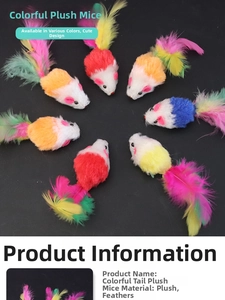 Detailed view of colorful plush toy mice with feather tails for cat play and exercise