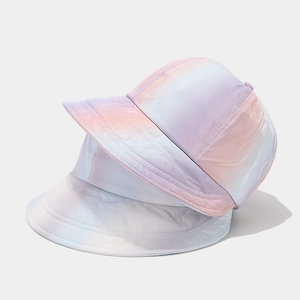 Rainbow tie-dye wide brim sun hat for women with pastel pink and blue gradient design
