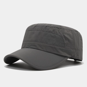 Detail of dark grey quick-dry cadet cap featuring reinforced stitching and fine texture