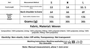 Size chart and fabric details for the sleeveless cropped puffer vest with washing symbols