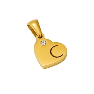 Golden heart pendant with sparkling diamond and letter C in a minimalist style