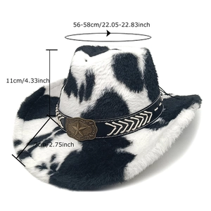 Western cowboy hat with black and white cow print and vintage star buckle hatband