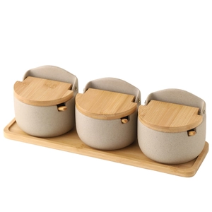 Japanese ceramic seasoning jar set with bamboo lids and wooden tray in a 3-piece kit