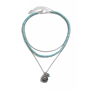 Men's double-layered turquoise bead necklace with vintage oval and feather charms