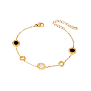Gold titanium steel bracelet with Roman numeral rings and black white heart pendants