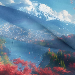 Detailed macro view of Mount Fuji landscape printed on high-quality fabric texture