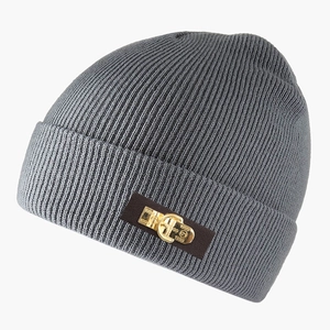 Minimalist grey ribbed knit beanie with brown leather patch and gold metal 1999 buckle