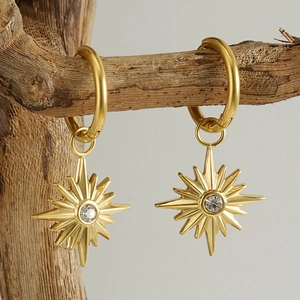 18K gold plated stainless steel sunburst hoop earrings with sparkling zircon stones
