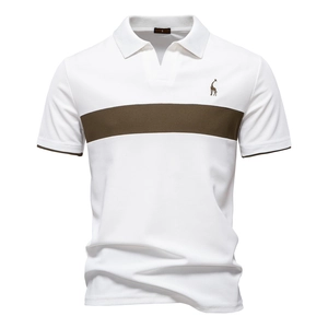 Men Short Sleeve Polo Shirt Breathable Pique Fabric Giraffe Embroidery Contrast Color Stitching Casual Lapel Fashion