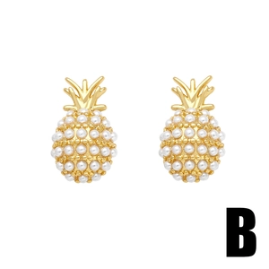 Elegant gold pineapple stud earrings with white pearl fruit inlay and zircon details