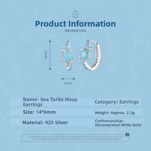 Detail showing 925 silver turtle earrings dimensions 14x6mm with blue enamel and zircon