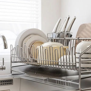 304 stainless steel two-tier dish drying rack with automatic drainage system for kitchen