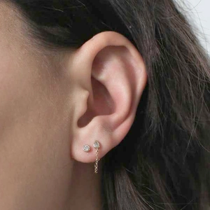 S925 silver needle drop zircon earrings with chain back-hanging in golden finish