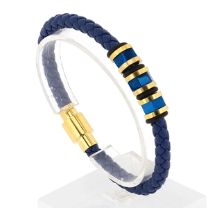 Blue braided leather bracelet for men with gold steel beads and magnetic clasp