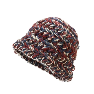 Retro handmade thick knit bucket hat with red blue and beige mixed wool yarn
