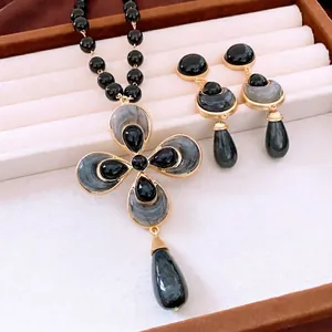 Vintage Flower Cross Pendant Necklace And Earrings With Silver Earring Post Alloy Resin Waterdrop Jewelry For Women