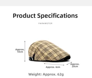 Detail view of cotton plaid newsboy cap showing metal buckle and specific dimensions