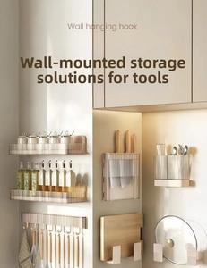 Modern wall-mounted kitchen organizer set with spice racks and tool hooks in cream white