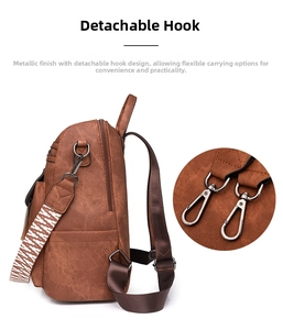 Detail of detachable metal swivel hooks and vintage brown leather texture on backpack