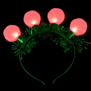 Christmas LED headband with green tinsel and four glowing red bulbs for party fun