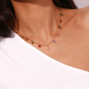18K gold plated stainless steel necklace with colorful round and rectangular zircons